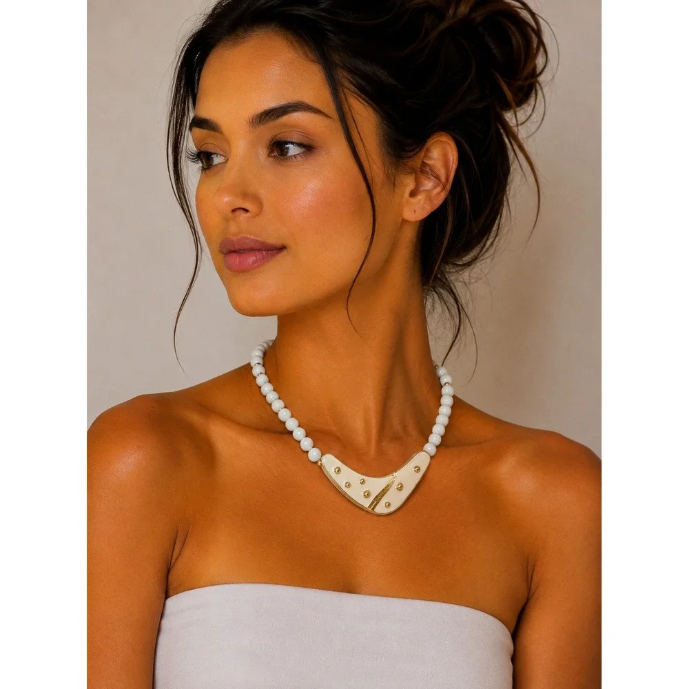 Vintage White Beaded Enamel Statement Necklace – Gold Tone Modernist Pendant